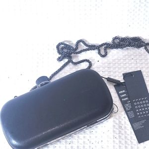 LookAt NWT black faux fur party mini clutch or metal crossbody strap bag purse